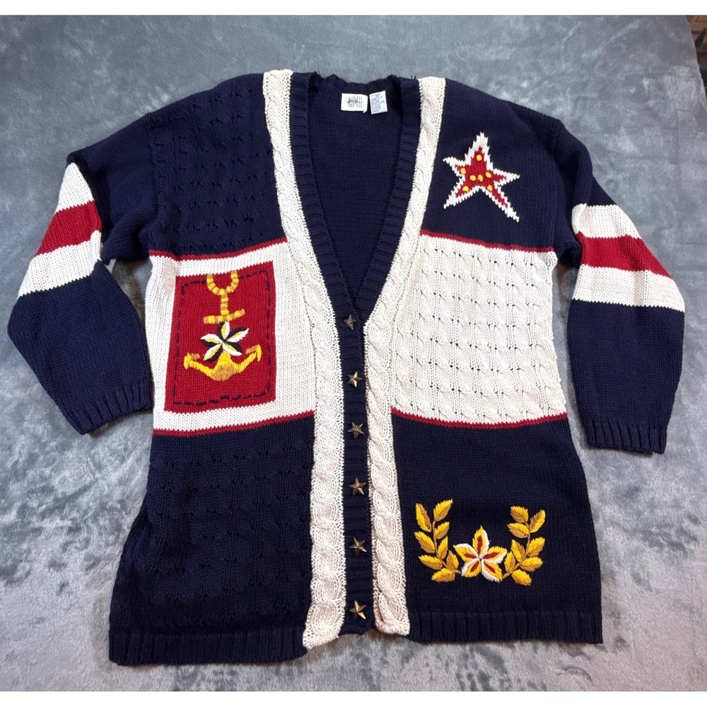 VTG Jason Maxwell Nautical Embroidered Cardigan Navy Red White Star Button Large